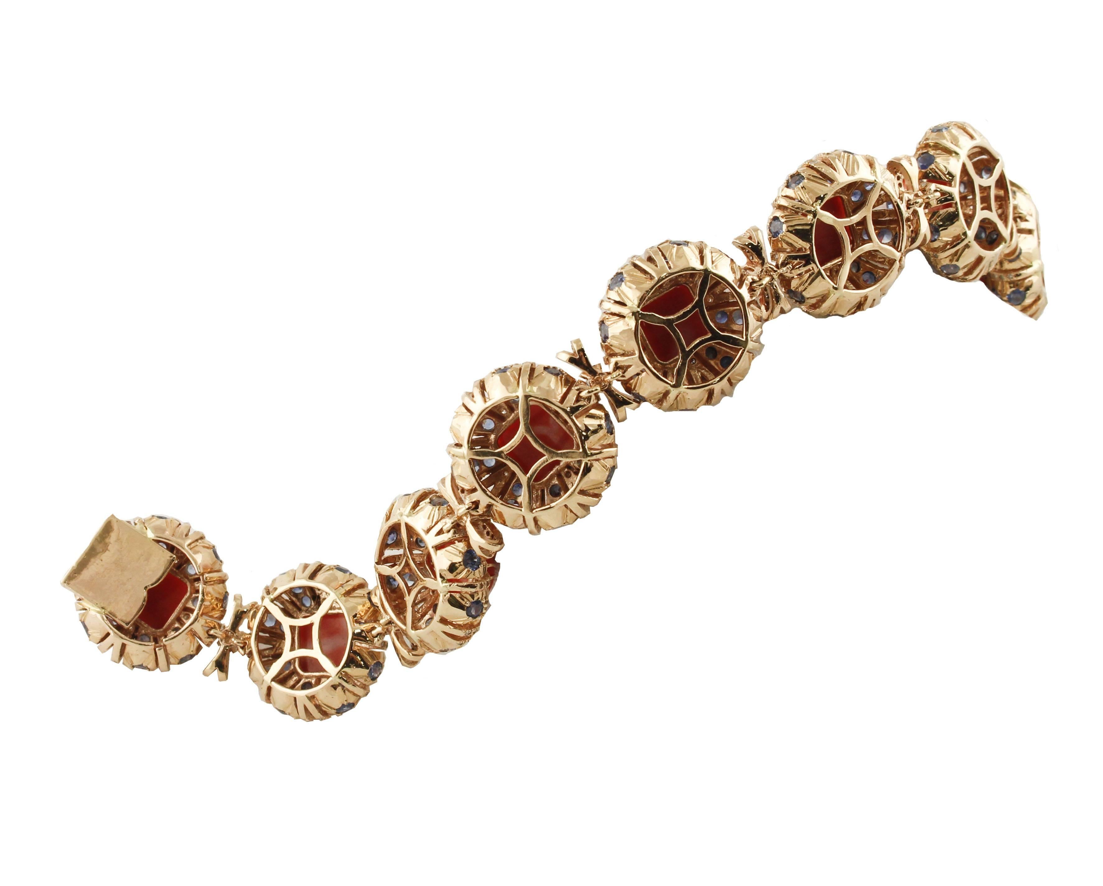 Women's Square Shape Red Corals, Diamonds, Sapphires, Rose Gold Link Retrò Bracelet For Sale