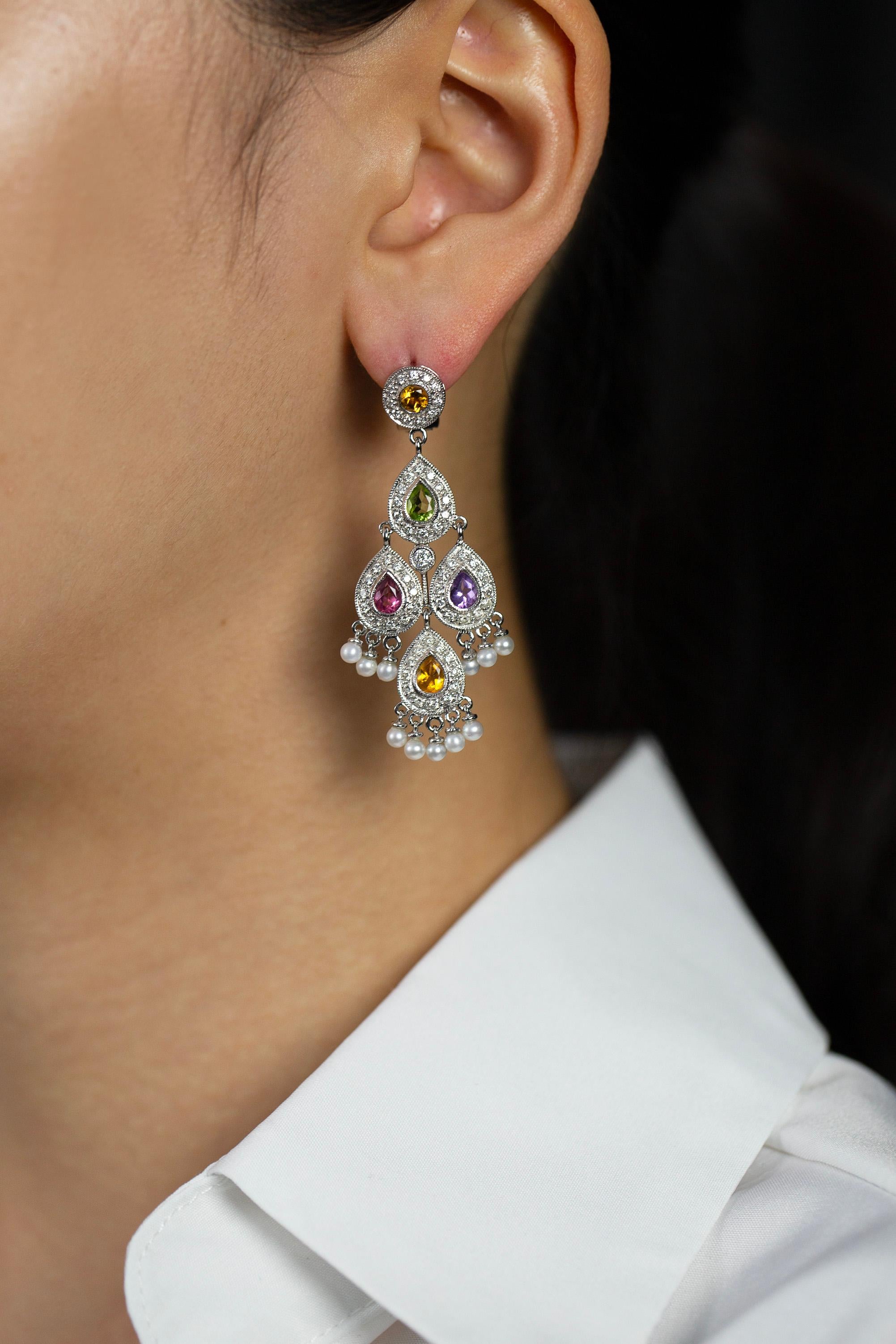 Pear Cut 2.83 Carats Total Multi-Color Sapphire and Round Diamond Chandelier Earrings For Sale