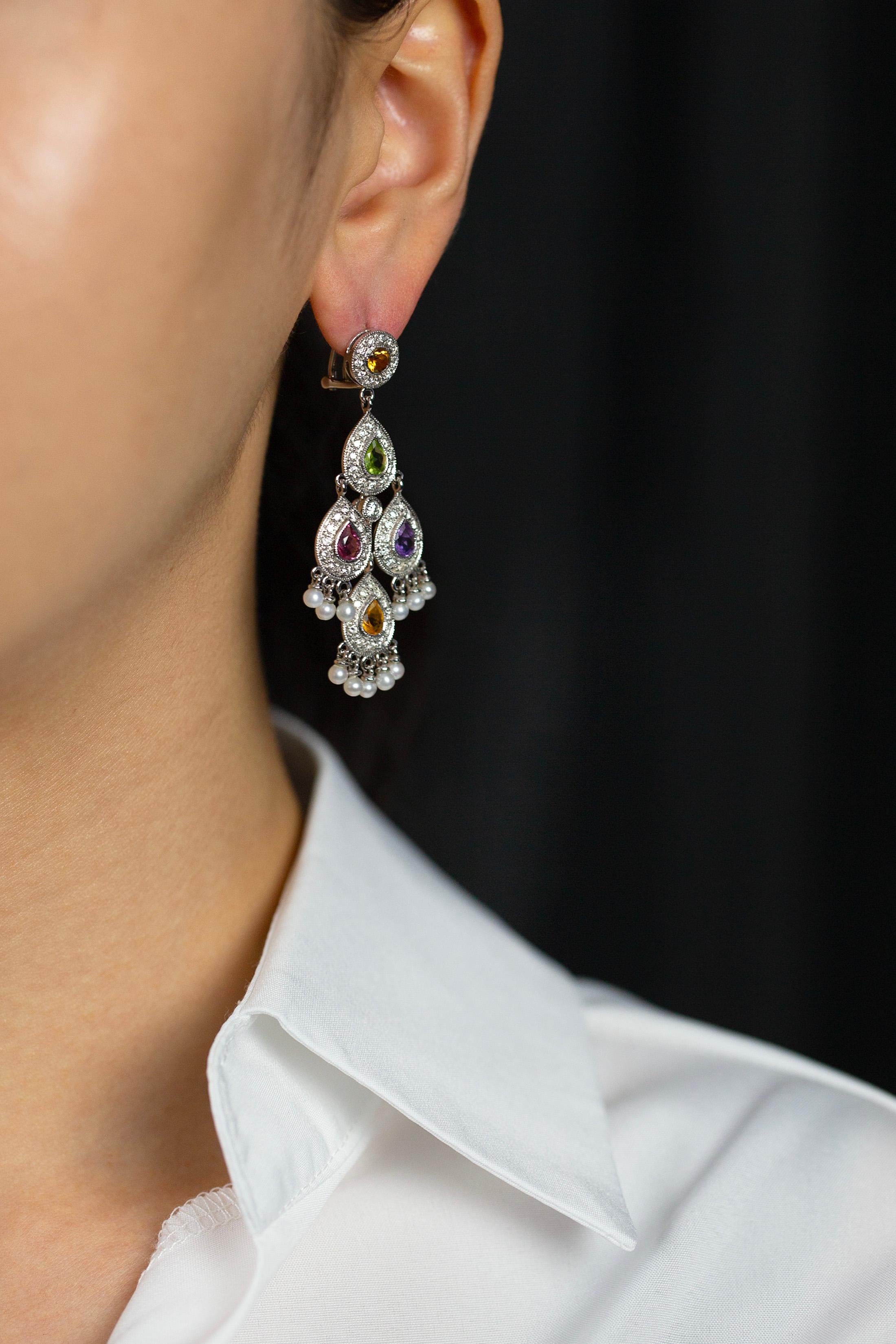 2.83 Carats Total Multi-Color Sapphire and Round Diamond Chandelier Earrings In New Condition For Sale In New York, NY