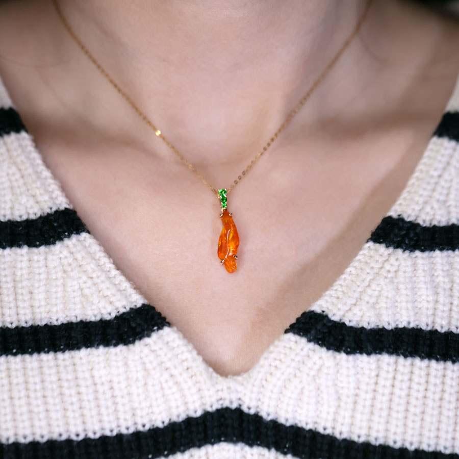Arts and Crafts 2.83 ct Mexican Fire Opal, Tsavorite Necklace 18K Yellow Gold