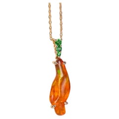 2.83 ct Mexican Fire Opal, Tsavorite Necklace 18K Yellow Gold