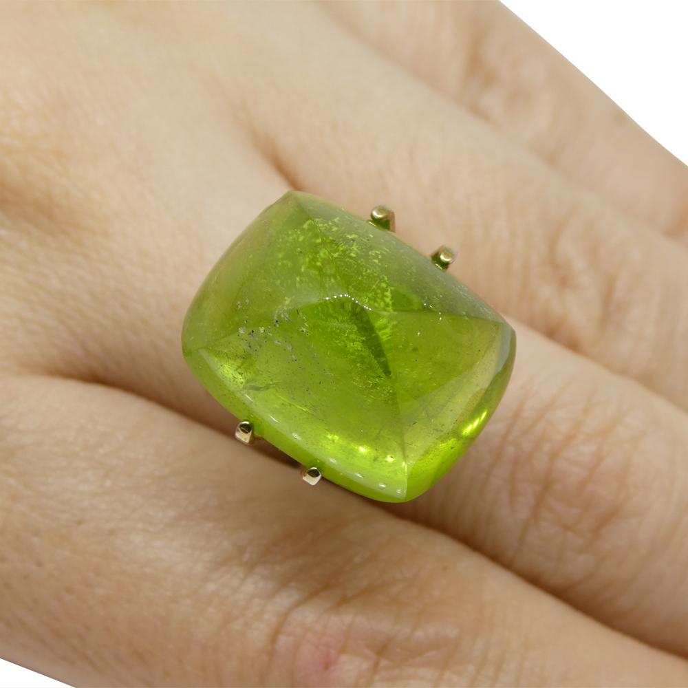 Description:

Gem Type: Peridot
Number of Stones: 1
Weight: 28.37 cts
Measurements: 19.04 x 14.82 x 11.94 mm
Shape: Cushion Sugarloaf Cabochon
Cutting Style Crown:
Cutting Style Pavilion:
Transparency: Transparent
Clarity: Moderately Included: