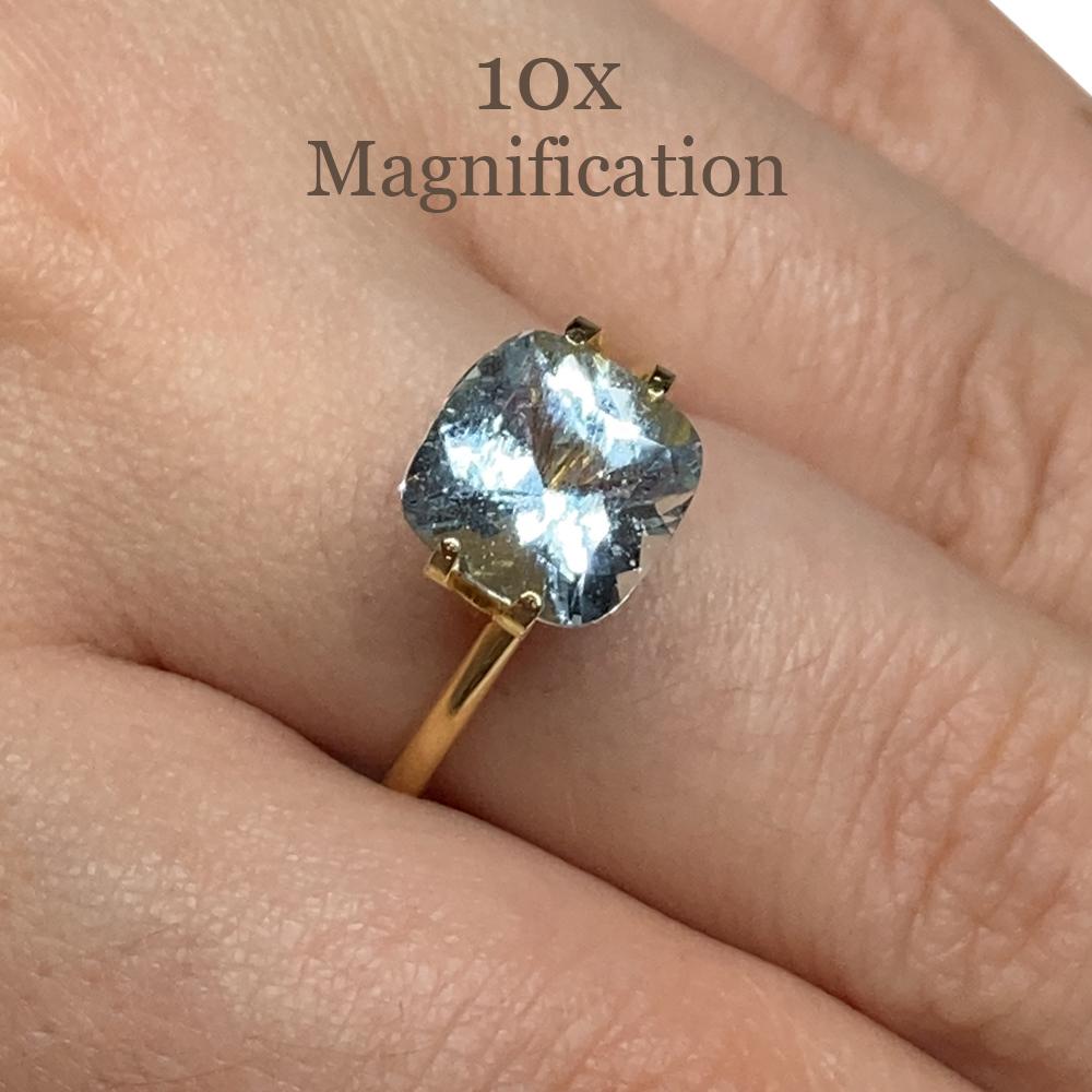 Description:

Gem Type: Aquamarine
Number of Stones: 1
Weight: 2.83 cts
Measurements: 9.04 x 8.97 x 6.09 mm
Shape: Cushion
Cutting Style Crown: Brilliant Cut
Cutting Style Pavilion: Mixed Cut
Transparency: Transparent
Clarity: Slightly Included: