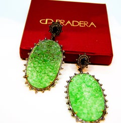 2.83 Carat Diamond and Jade Dangle Earrings in 18 Karat Gold and Silver