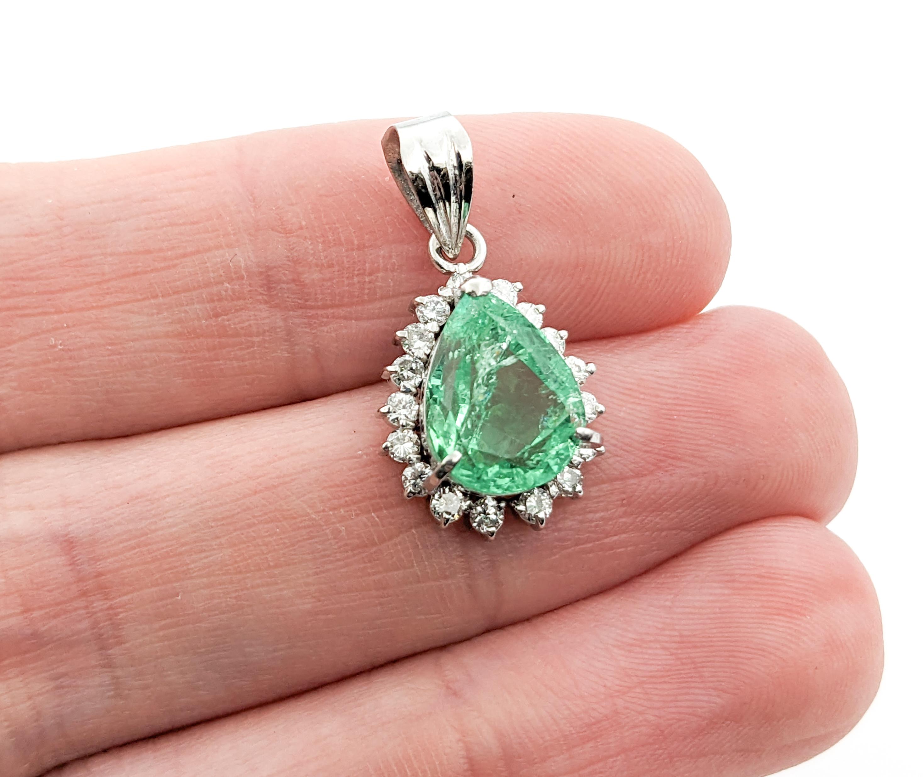 Contemporary 2.83ct Emerald Pear & Diamond Halo Drop Pendant In Platinum For Sale