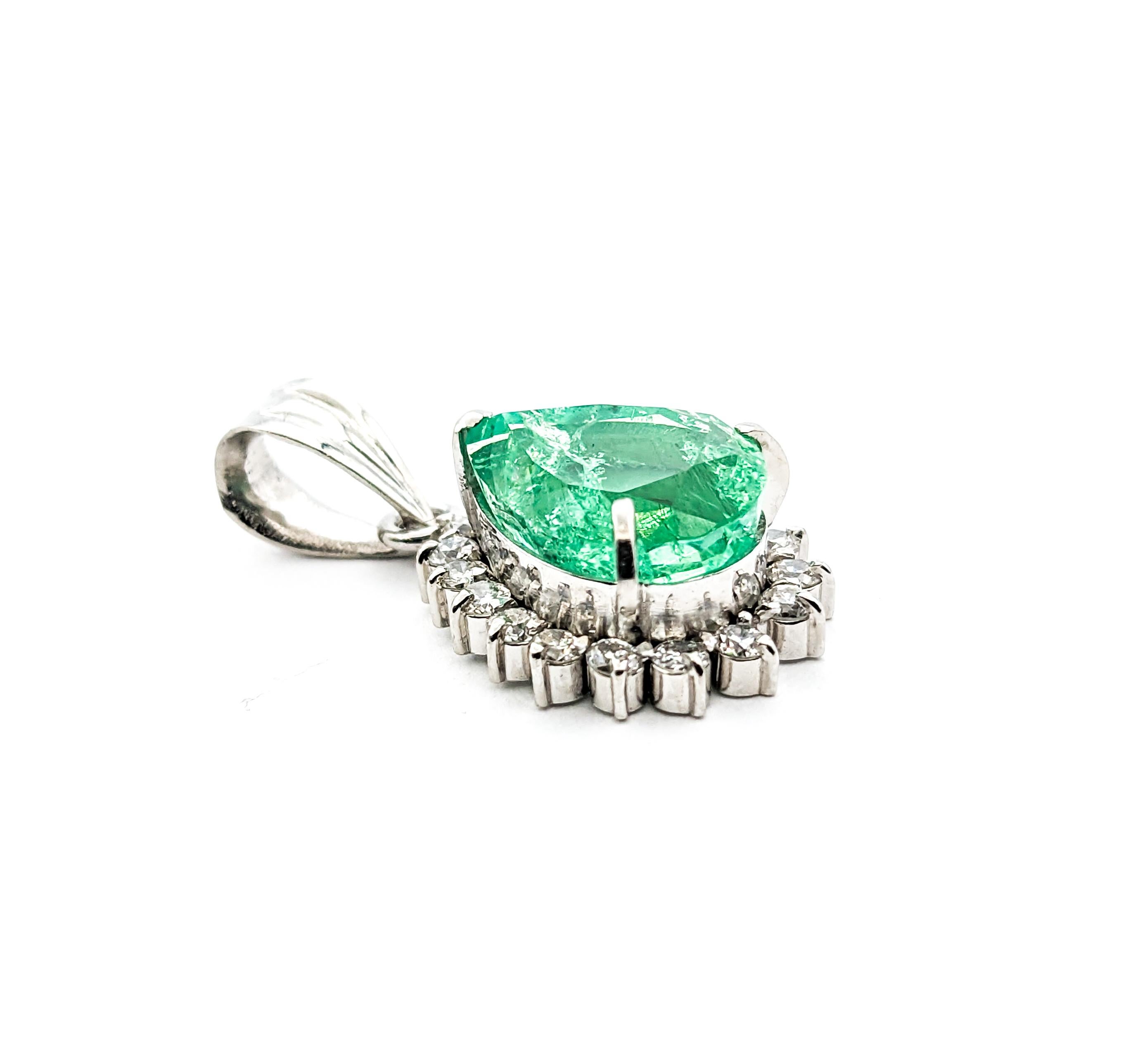 Pear Cut 2.83ct Emerald Pear & Diamond Halo Drop Pendant In Platinum For Sale
