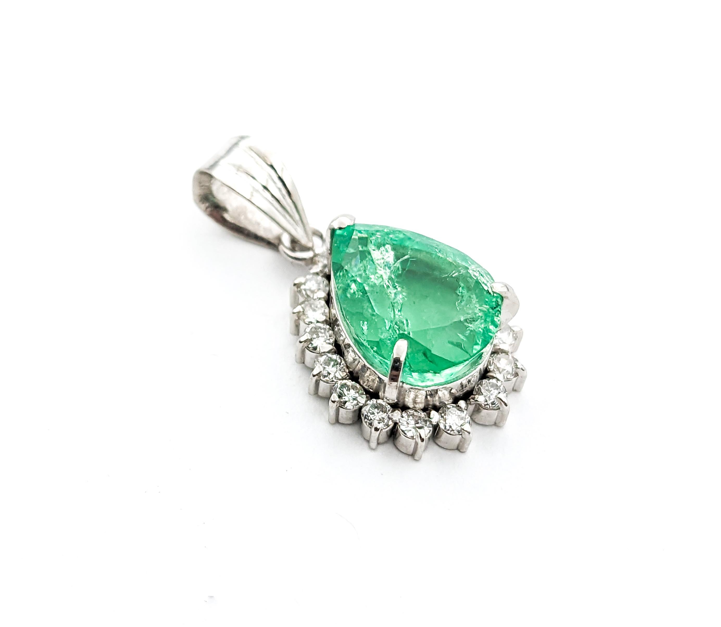 2.83ct Emerald Pear & Diamond Halo Drop Pendant In Platinum In Excellent Condition For Sale In Bloomington, MN