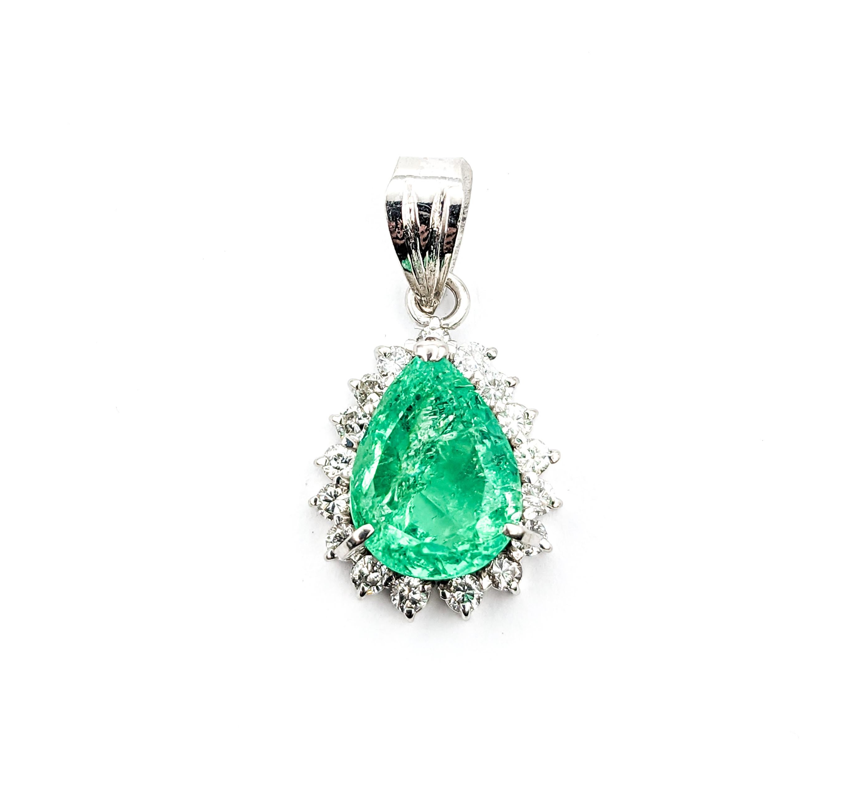 2.83ct Emerald Pear & Diamond Halo Drop Pendant In Platinum For Sale 1