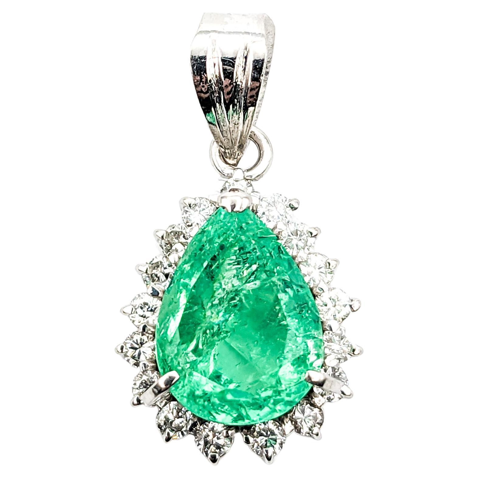 2.83ct Emerald Pear & Diamond Halo Drop Pendant In Platinum