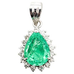 2.83ct Emerald Pear & Diamond Halo Drop Pendentif In Platinum