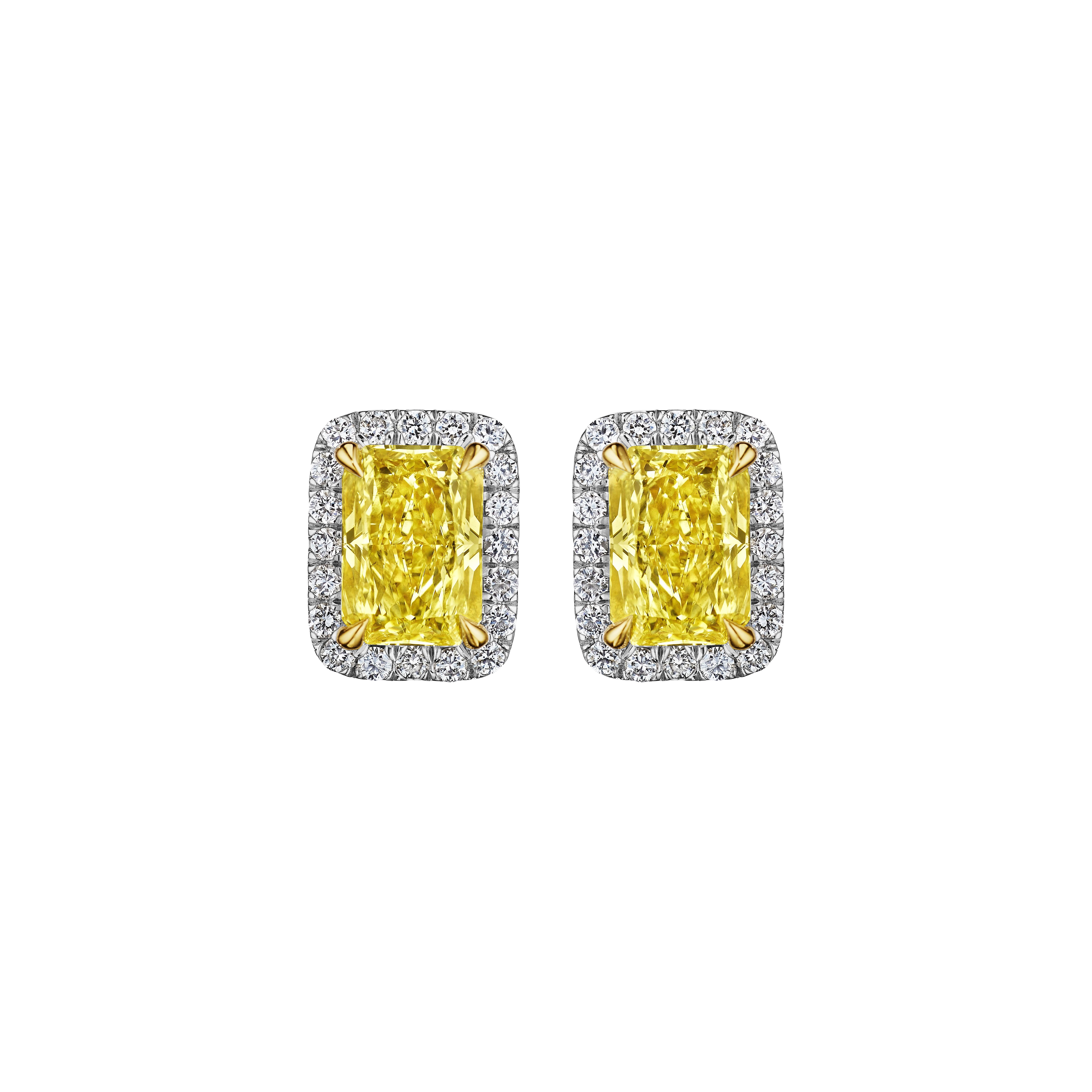 Radiant Cut 2.83ct GIA Certified Fancy Yellow Radiant Diamond Halo Earrings in 18KT Gold For Sale
