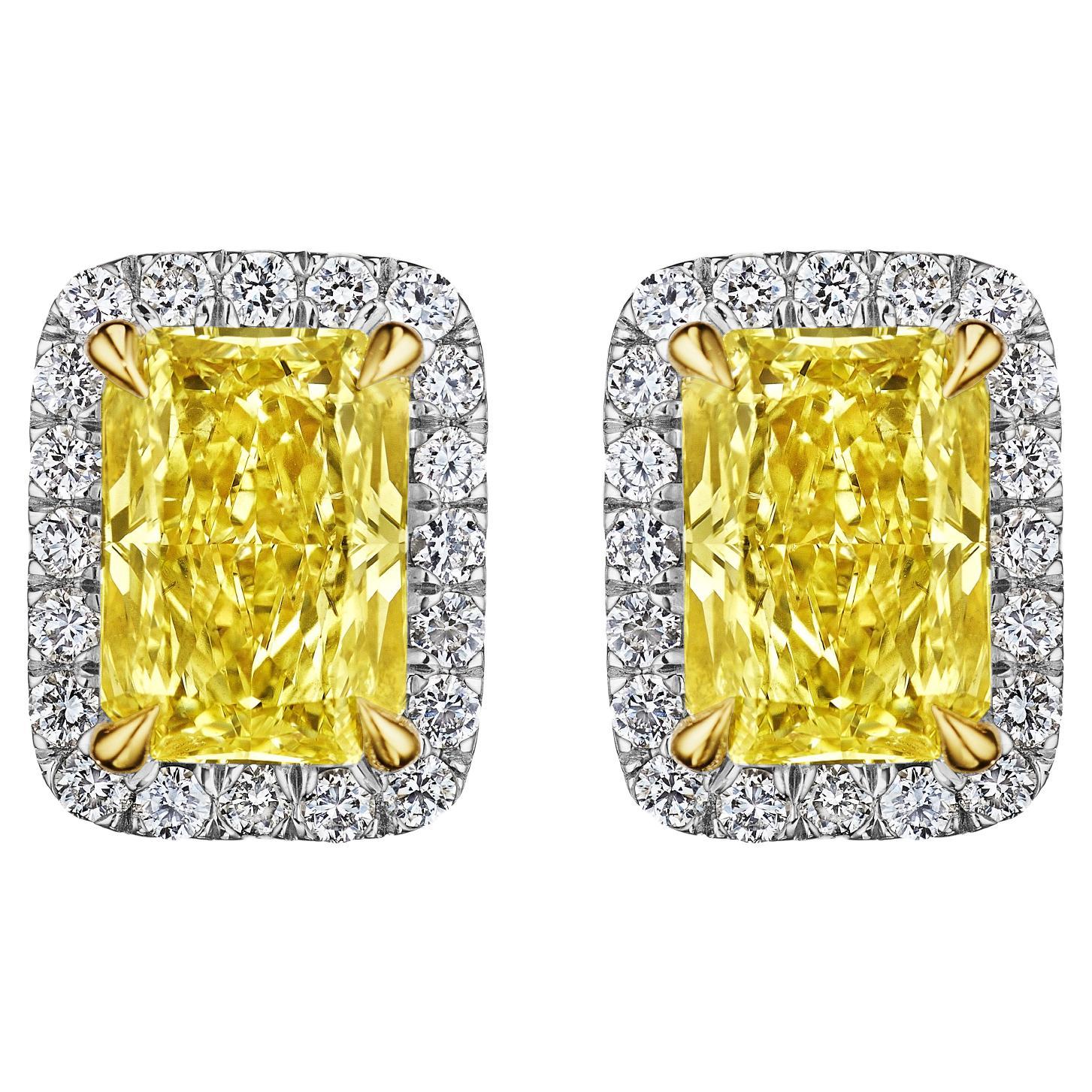 2.83ct GIA Certified Fancy Yellow Radiant Diamond Halo Earrings in 18KT Gold