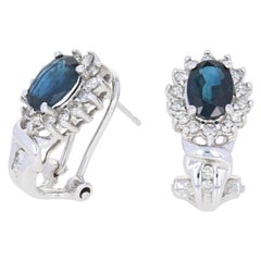 2.83ctw Oval Cut Sapphire 
Diamond Earrings, 14k Gold Pierced Halo J-Hoops