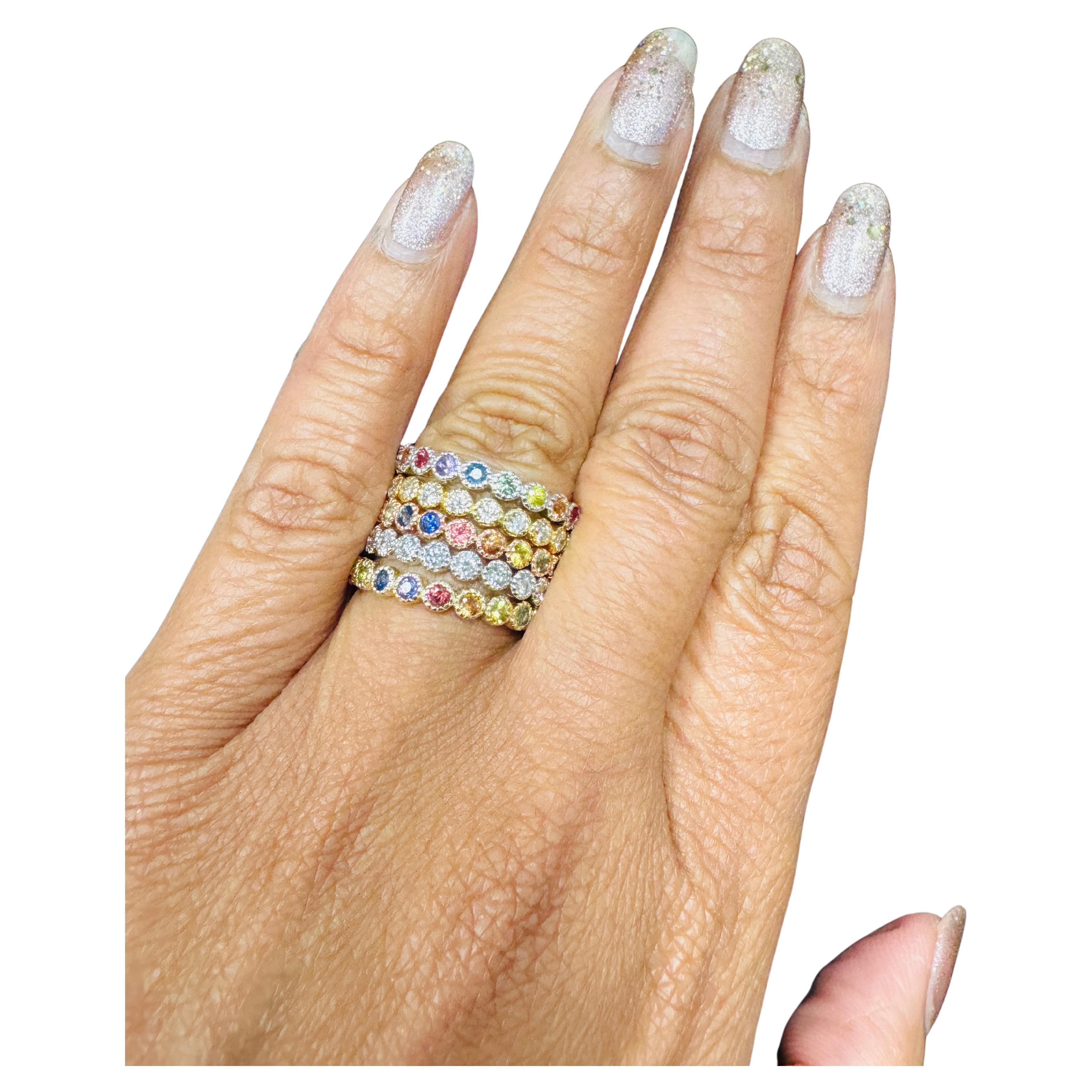 2.84 Carat Diamond and Multi Color Sapphire Stackable Gold Band Set For Sale 4