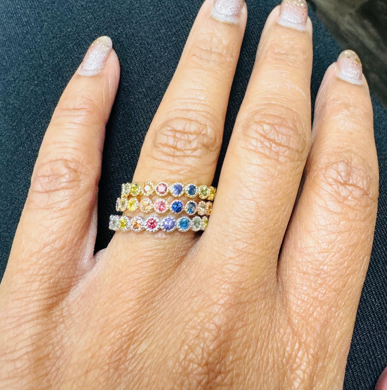 2.84 Carat Diamond and Multi Color Sapphire Stackable Gold Band Set For Sale 10