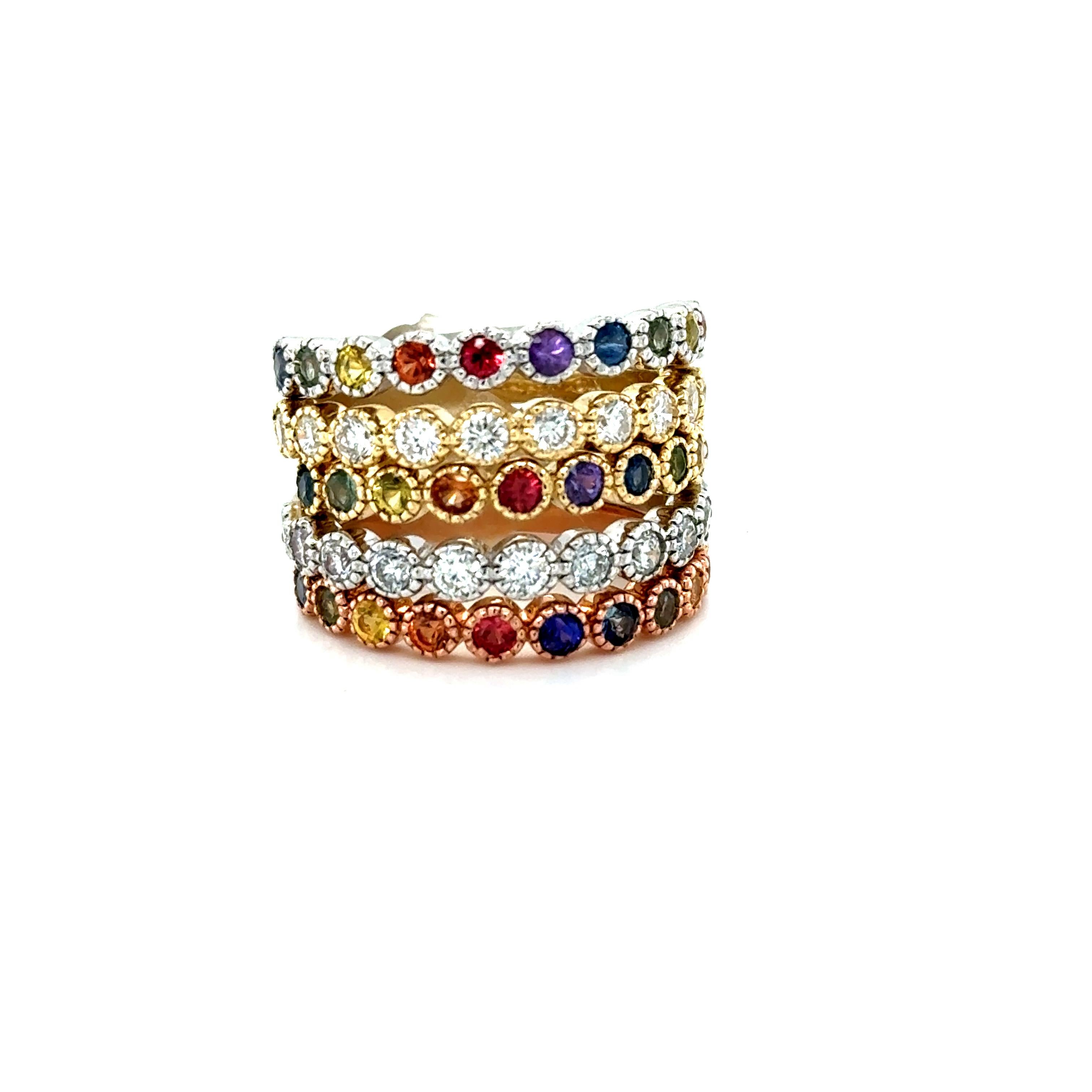 Moderne 2.84 Carat Diamond and Multi Color Sapphire Stackable Gold Band Set en vente