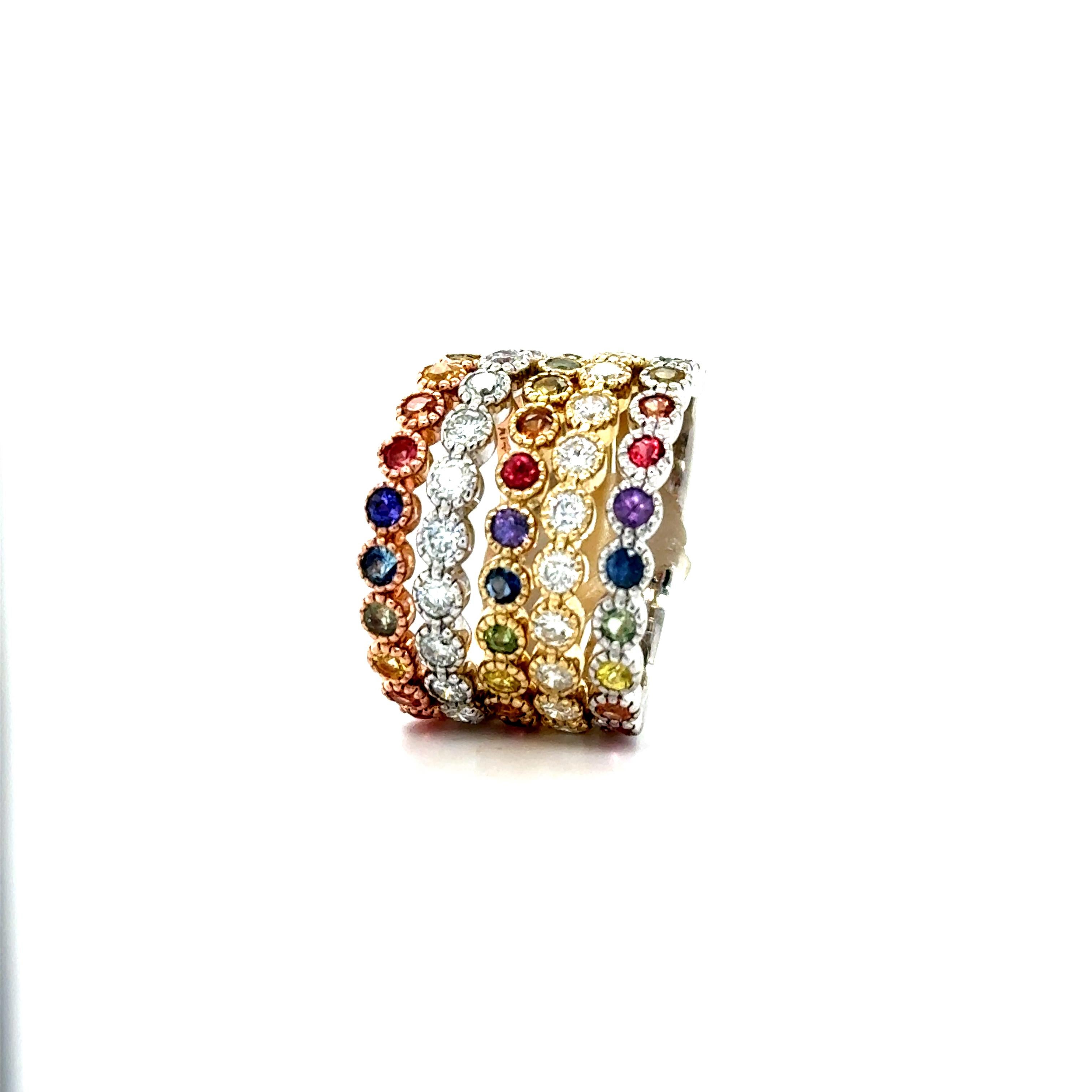 Round Cut 2.84 Carat Diamond and Multi Color Sapphire Stackable Gold Band Set For Sale