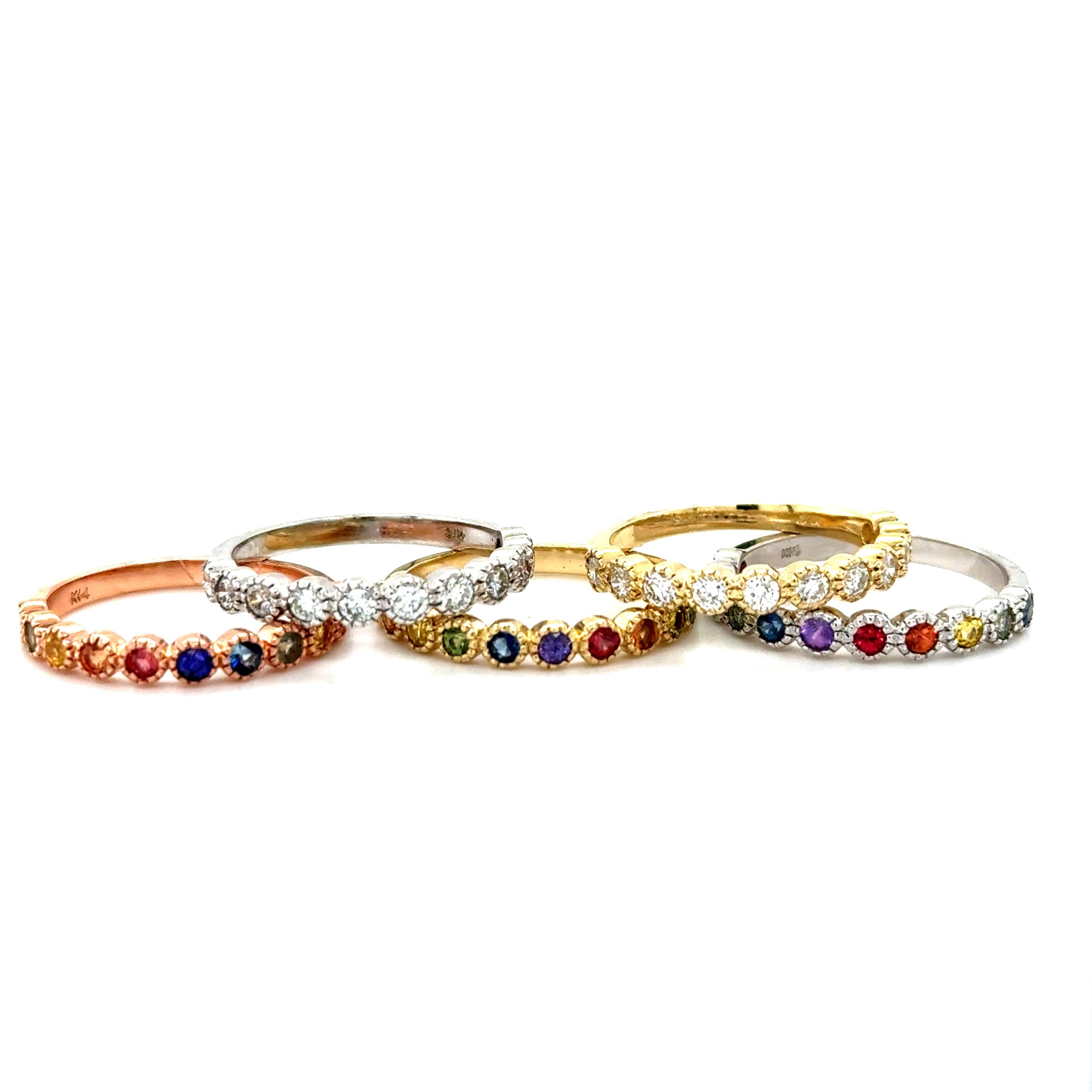 2.84 Carat Diamond and Multi Color Sapphire Stackable Gold Band Set In New Condition For Sale In Los Angeles, CA