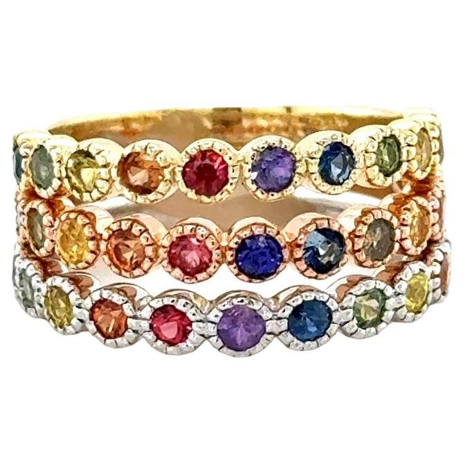 Women's 2.84 Carat Diamond and Multi Color Sapphire Stackable Gold Band Set For Sale