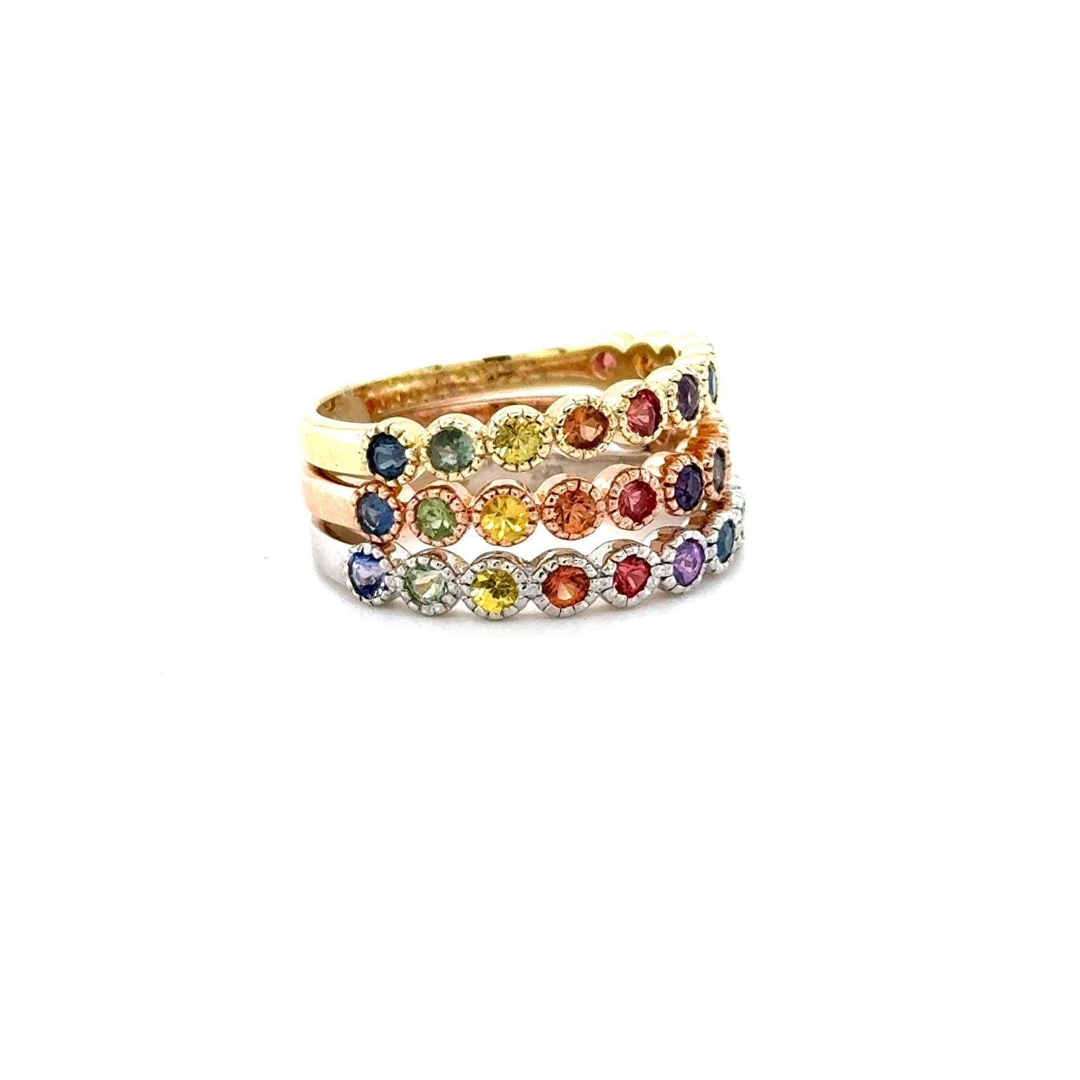 2.84 Carat Diamond and Multi Color Sapphire Stackable Gold Band Set For Sale 1