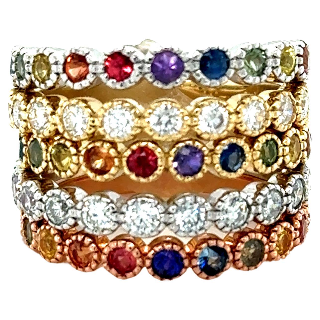 2.84 Carat Diamond and Multi Color Sapphire Stackable Gold Band Set For Sale