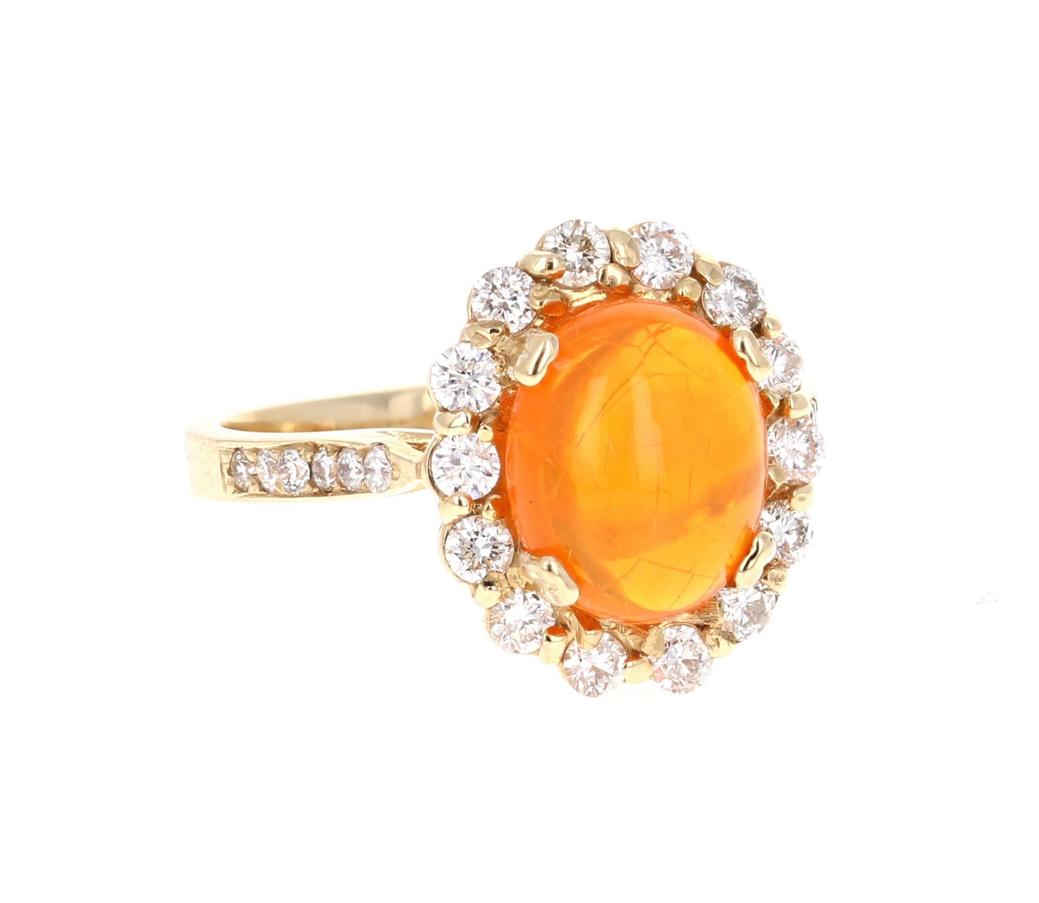 Stunning and extremely rare 2.84 Carat Oval Cut Ethiopian Opal Diamond Yellow Gold Ring!

The Oval Cut Opal in this Ring weighs 2.18 carats and is a very rare Orange Opal.  It is surrounded by 26 Round Cut Diamonds that weigh 0.66 carat (Clarity: