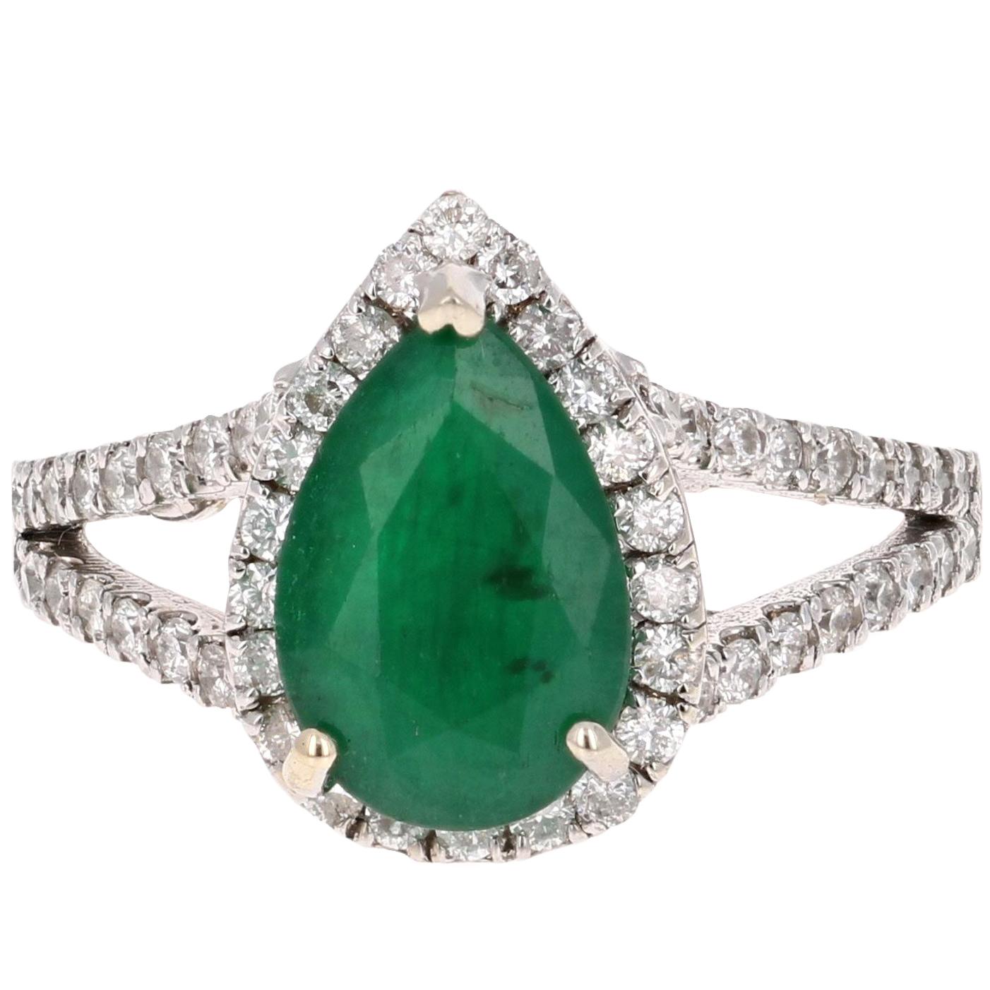 2.84 Carat Pear Cut Emerald Diamond Halo Engagement Ring