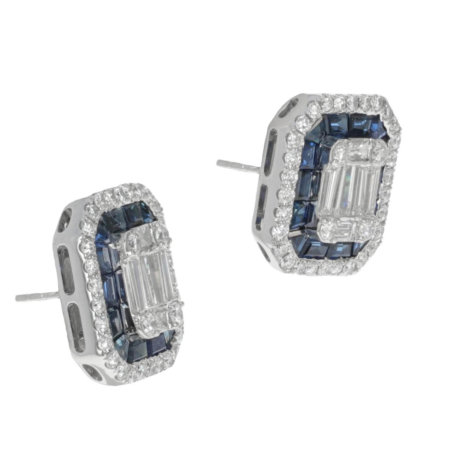 These stunning sapphire and diamond stud earrings in 14k white gold are a timeless statement of elegance and refinement. Featuring 2.84 carats of invisibly set deep blue sapphires and 2.33 carats of sparkling white diamonds, these earrings showcase