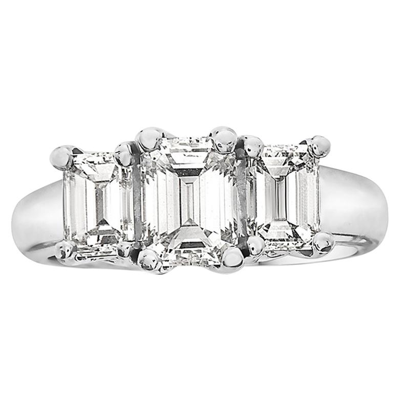 2.11 Carat Trilogy Platinum Emerald Cut Engagement Ring For Sale at
