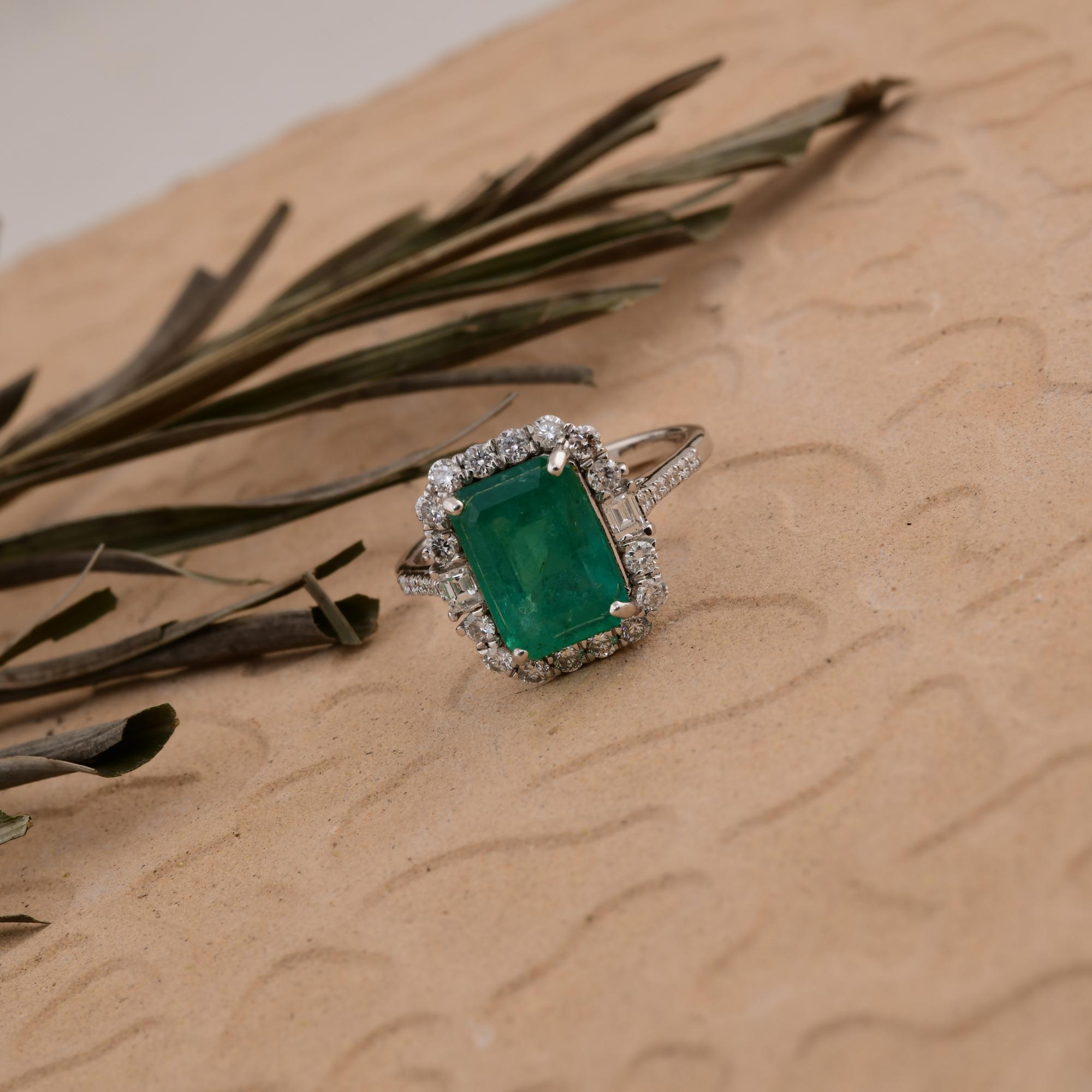 Octagon Cut 2.84 Carat Zambian Emerald Ring 0.62 Ct SI/H Diamond 14 Karat White Gold Jewelry For Sale
