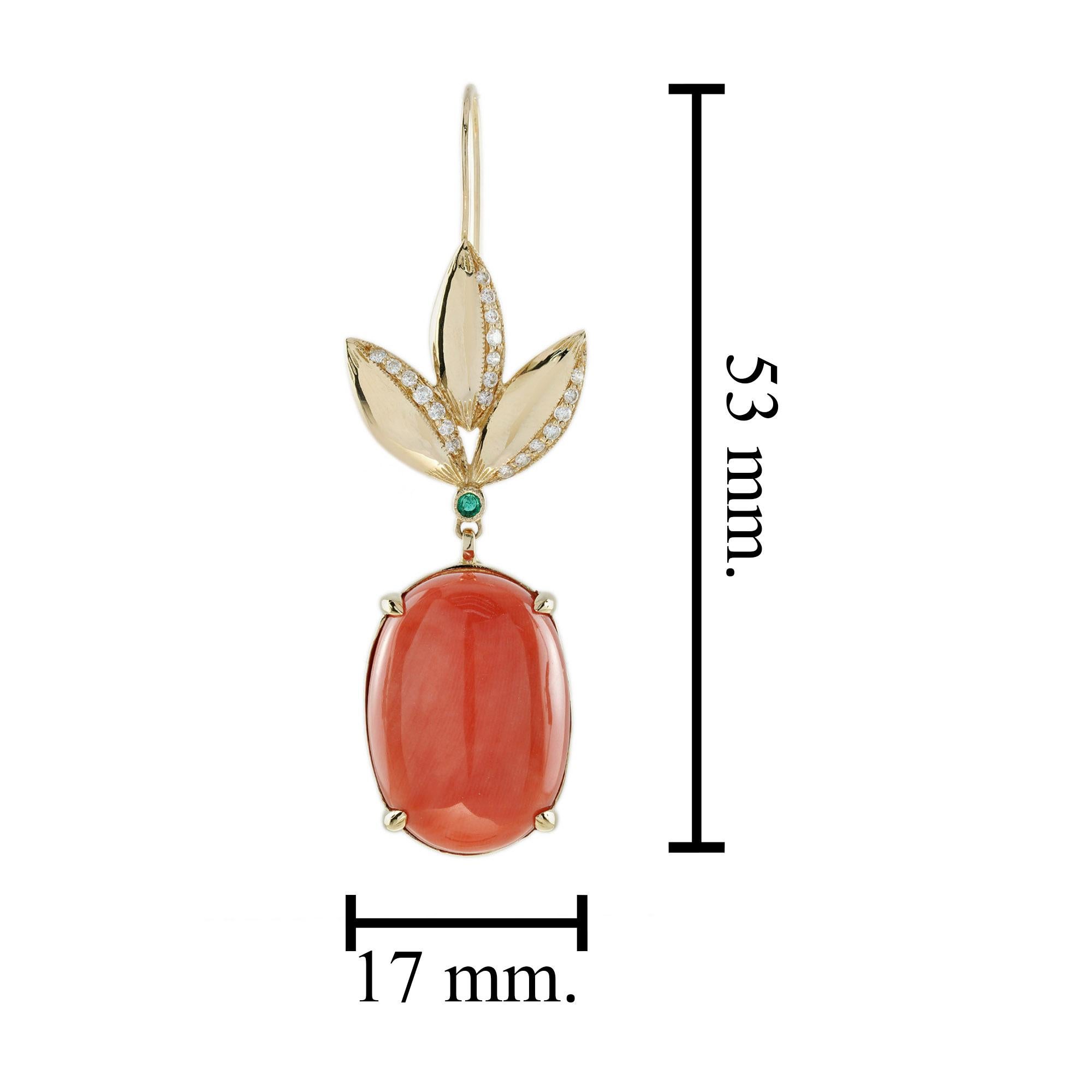 28.4 Ct. Coral Emerald Diamond Dangle Earrings in 18K Yellow Gold In New Condition In Bangkok, TH