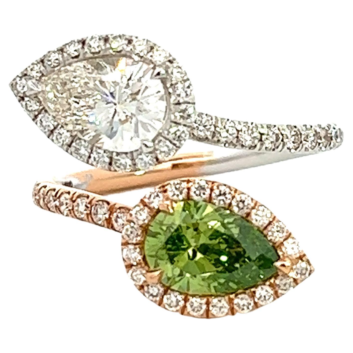 2.84 Total CT Earth Green Pear Brilliant Diamond 18K Rose&White Gold Setting GIA For Sale