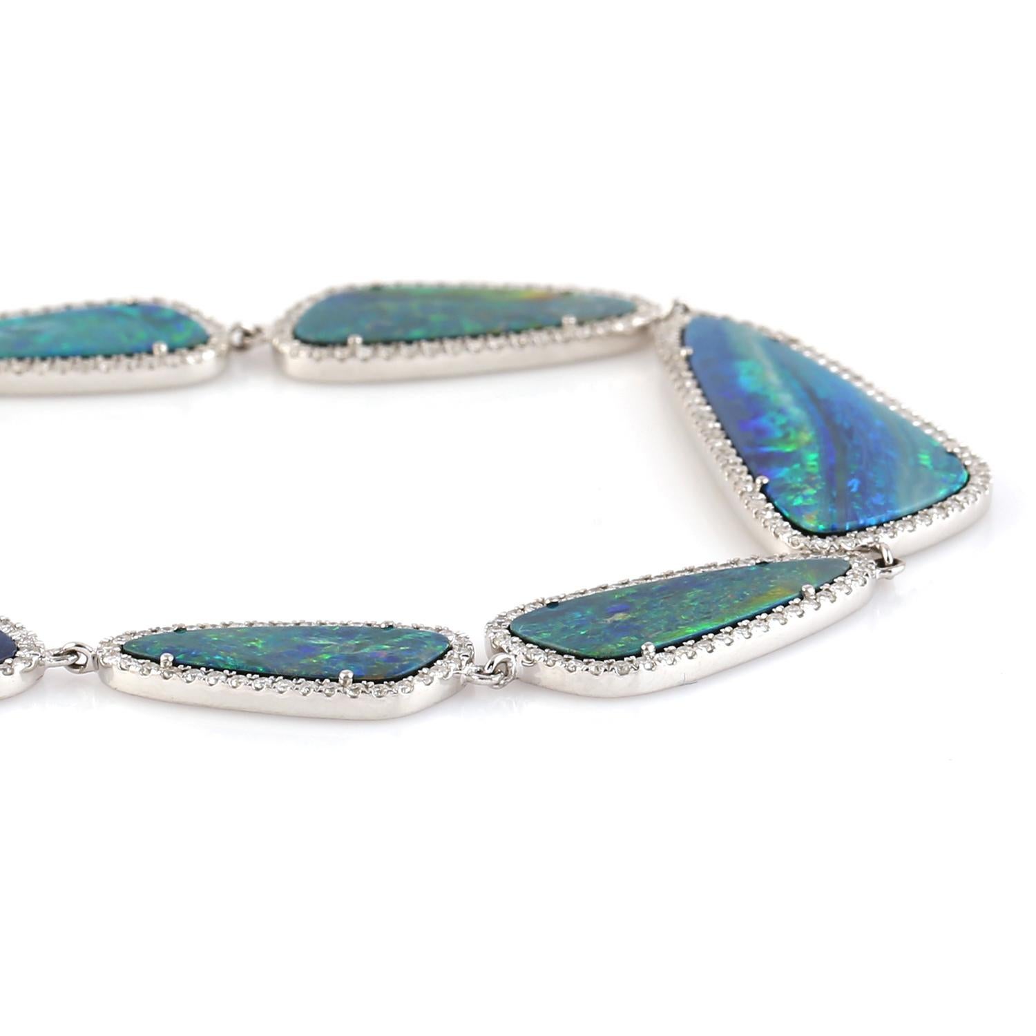 Mixed Cut 28.41 ct Ethiopian Opal Chain Necklace With Diamonds Made In 18k White Gold For Sale
