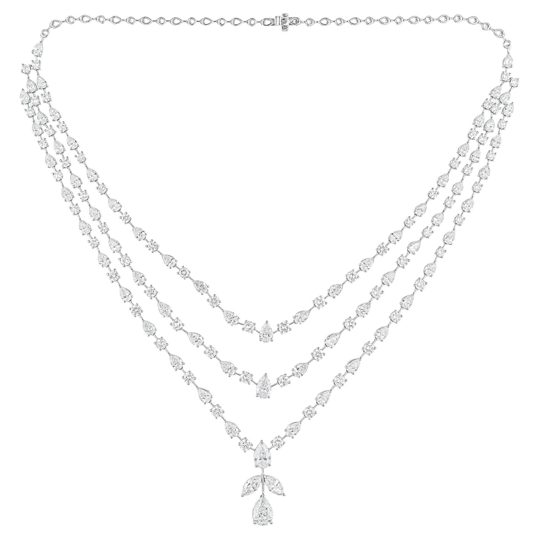 28.45 Carat SI Clarity HI Color Multi Shape Diamond Necklace 18 Karat White Gold