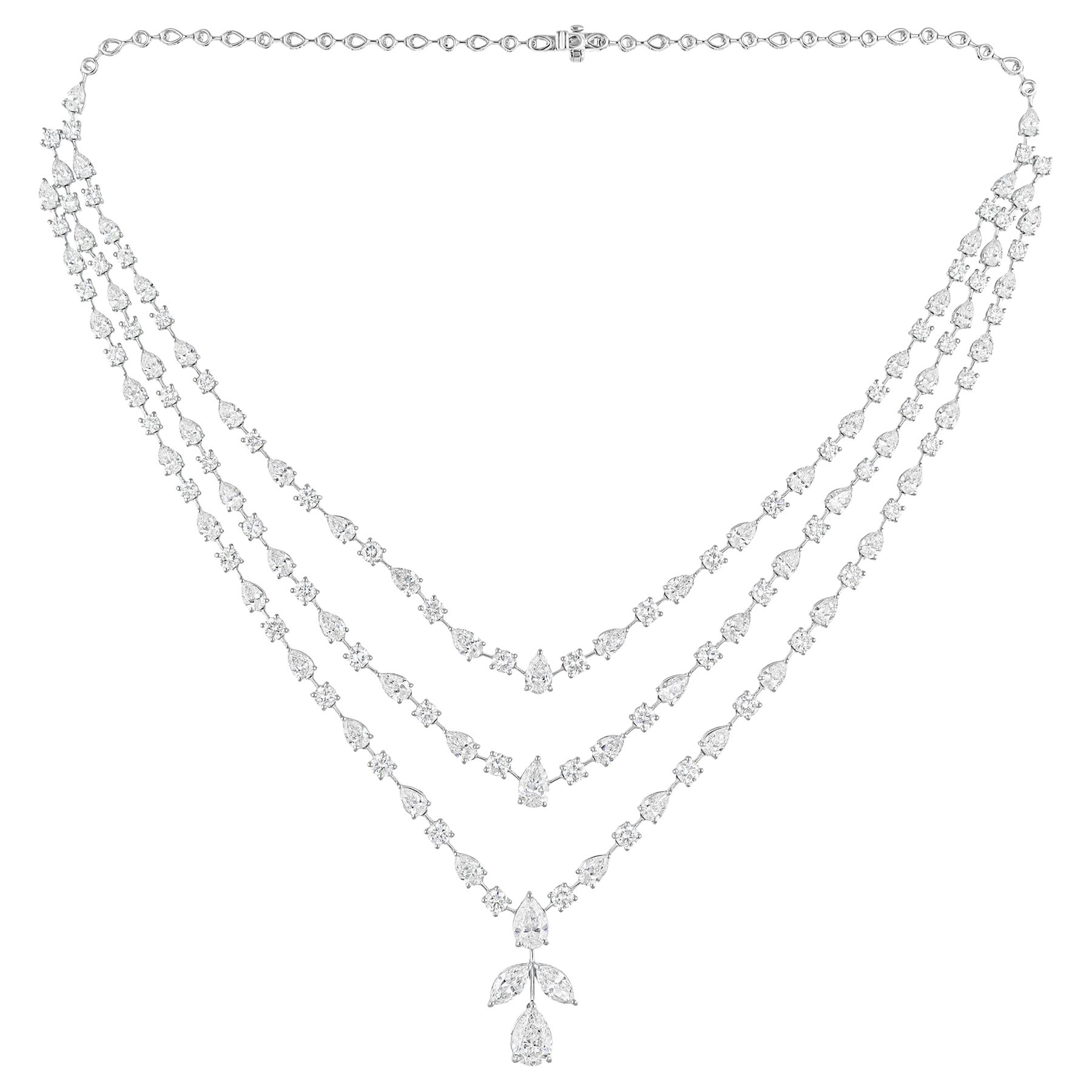28.45Ct SI/H Natural Diamond Multi Strand Necklace 14 Karat White Gold