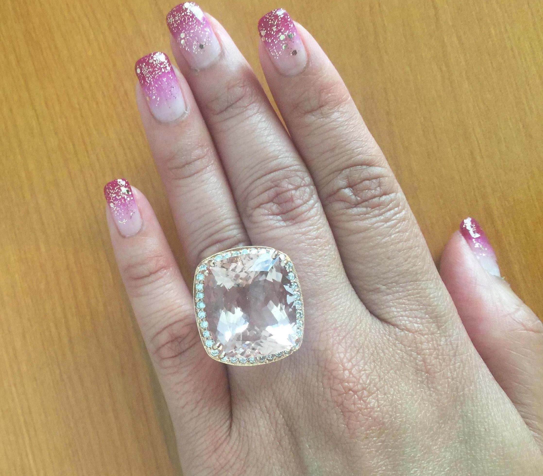 28.46 Carat Morganite Diamond 14 Karat Rose Gold Cocktail Ring In New Condition In Los Angeles, CA