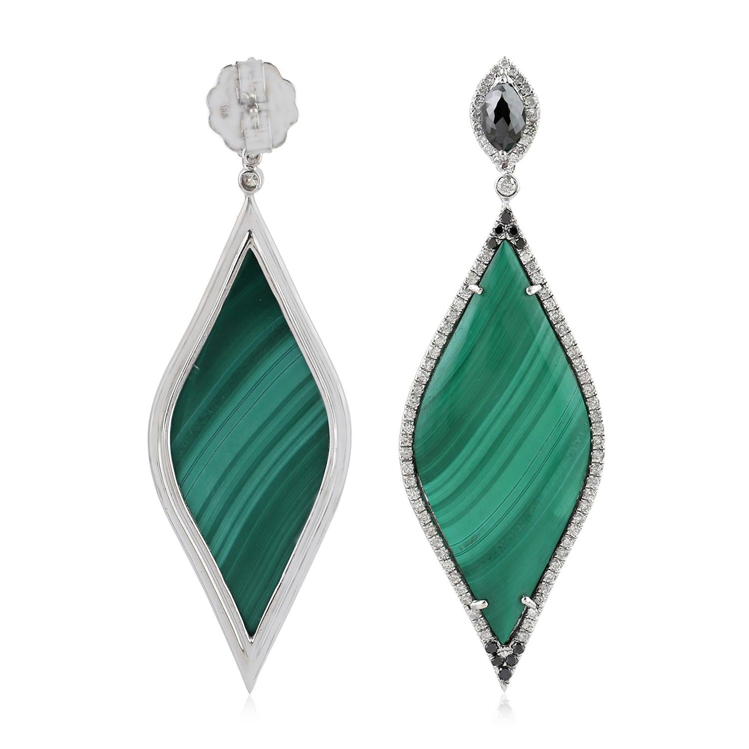 Contemporary 28.46ct Marquise Shaped Malachite Dangle Earrings With Diamonds In 18k Gold For Sale