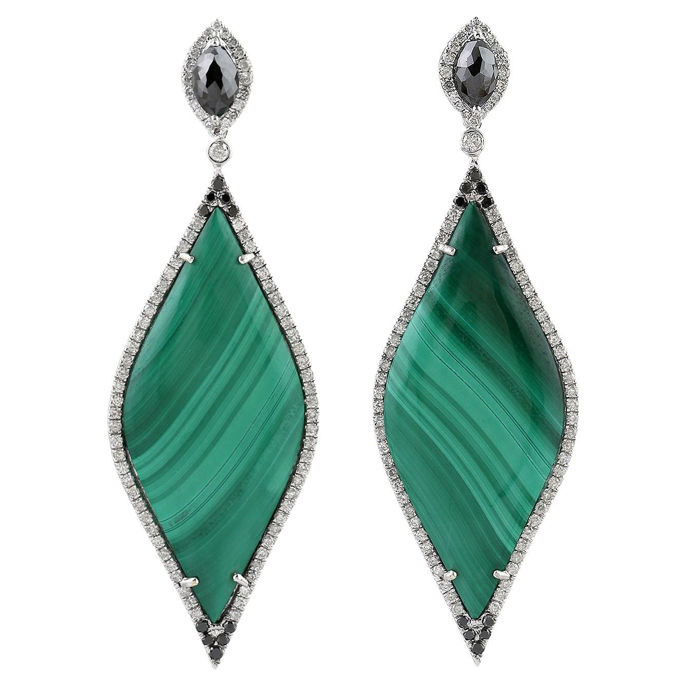 28.46ct Marquise Shaped Malachite Dangle Earrings With Diamonds In 18k Gold For Sale