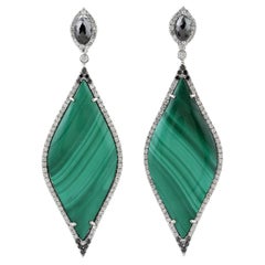 28.46ct Marquise Shaped Malachite Dangle Earrings With Diamonds In 18k Gold