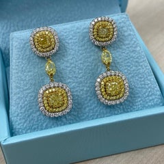 2.84CT Fancy Yellow Cushion Diamond Drop Earrings 14k White Gold, Bridal Jewelry