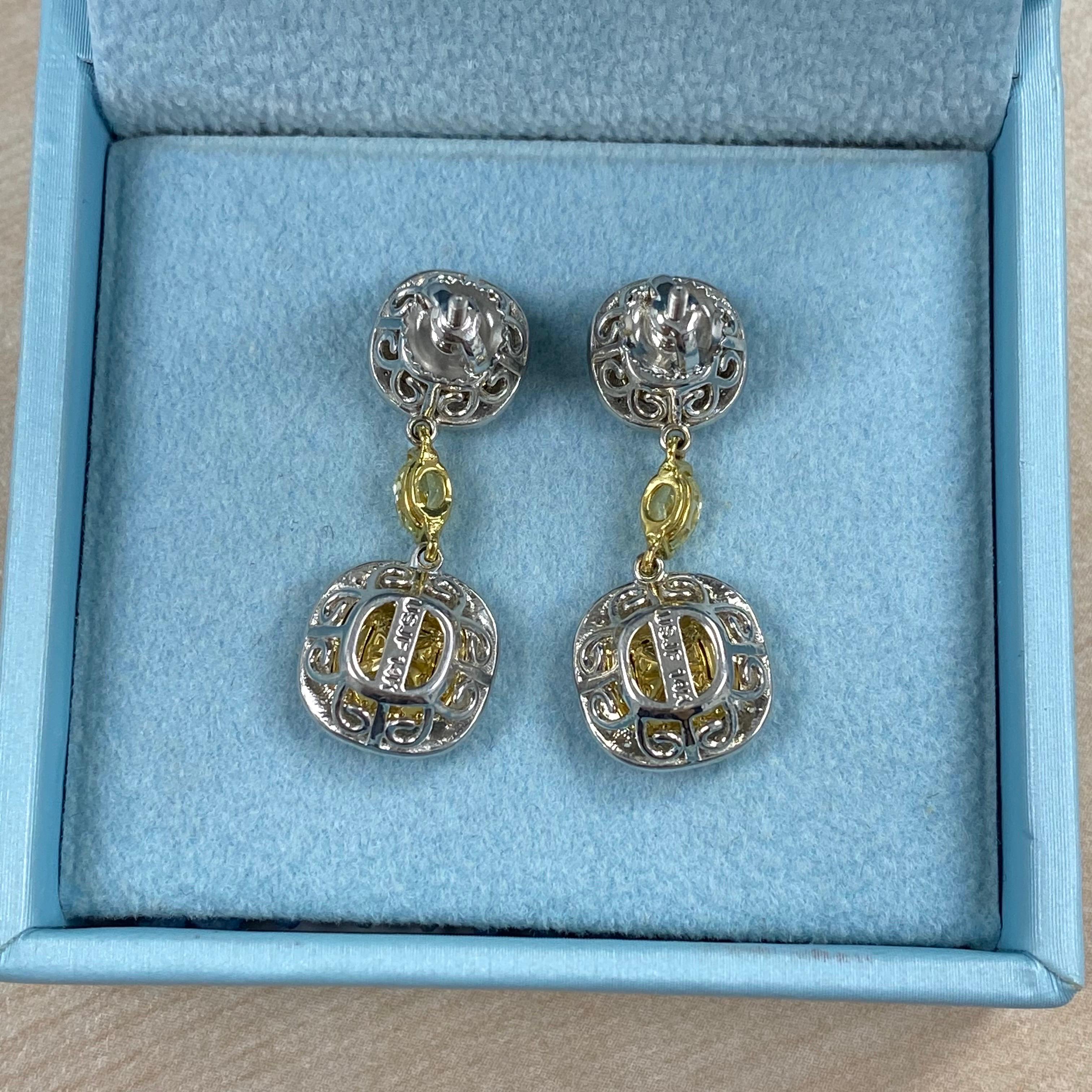 2.84CT Fancy Yellow Cushion Diamond Drop Ohrringe 14k Weißgold, Brautschmuck im Angebot 1