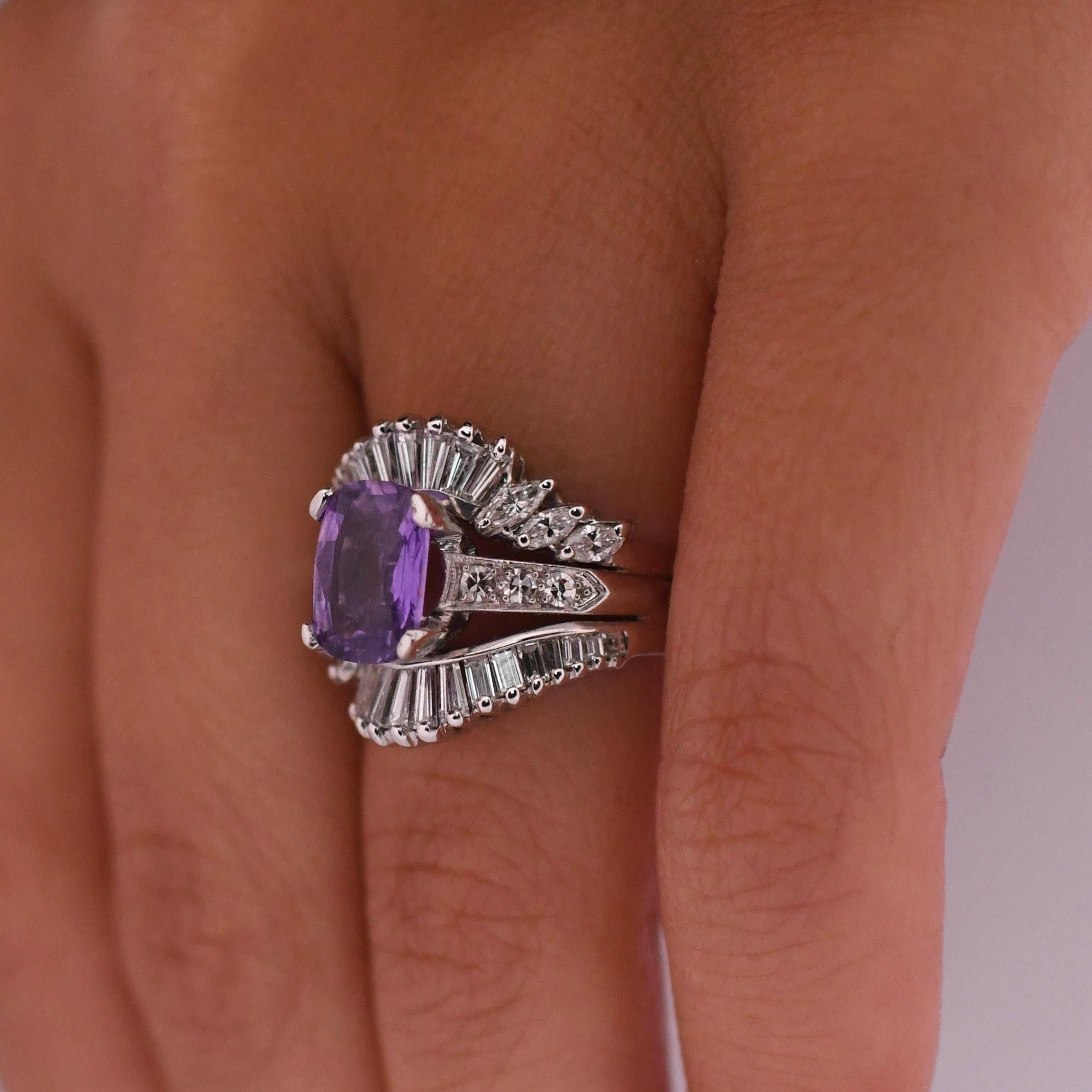 2.84ct Madagascar No Heat Purple Sapphire Platinum Diamond Wrapped Cocktail Ring For Sale 4
