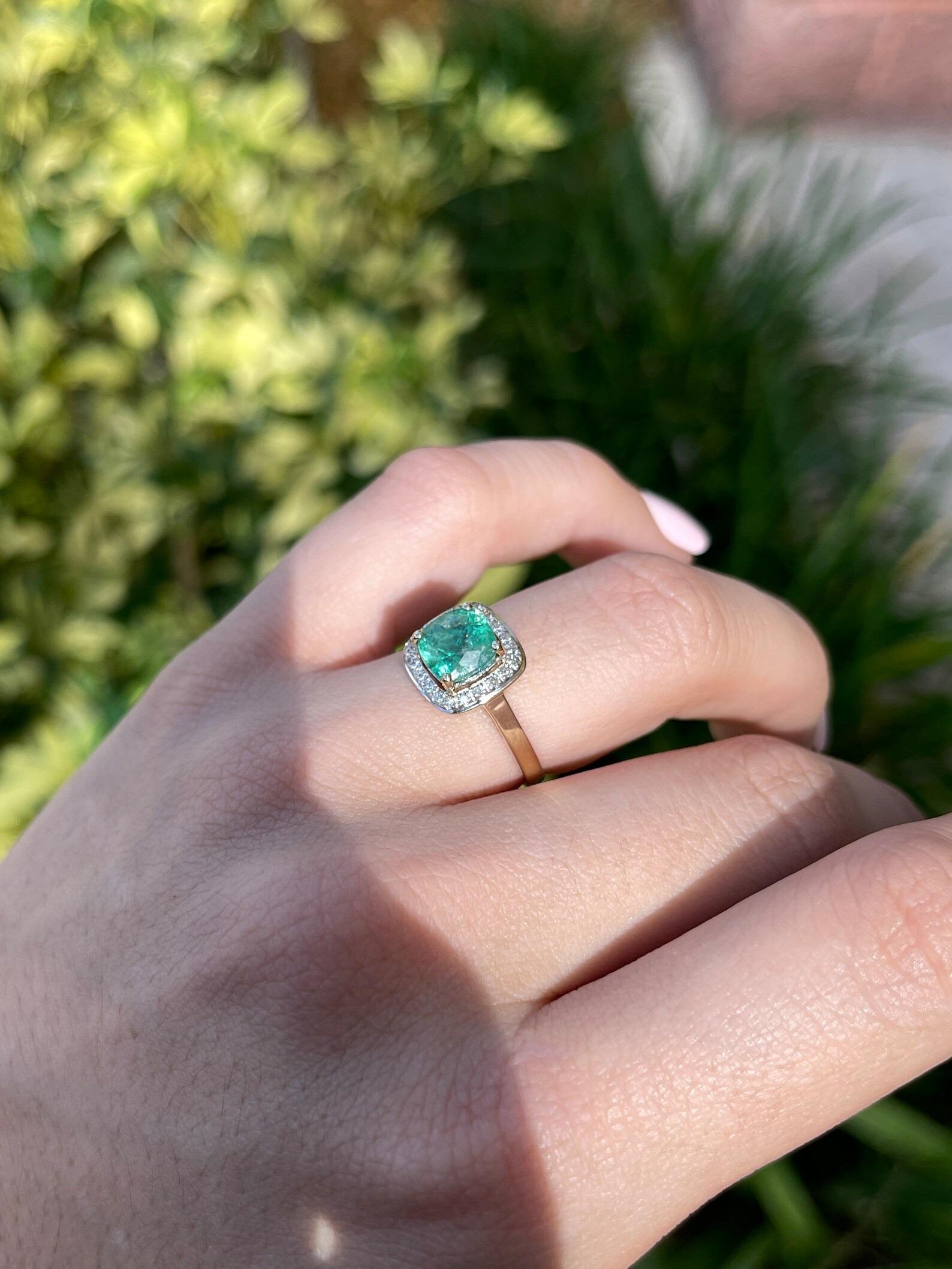 2.84tcw Natural Cushion Cut Emerald & Diamond Halo Engagement Ring 14K For Sale 1