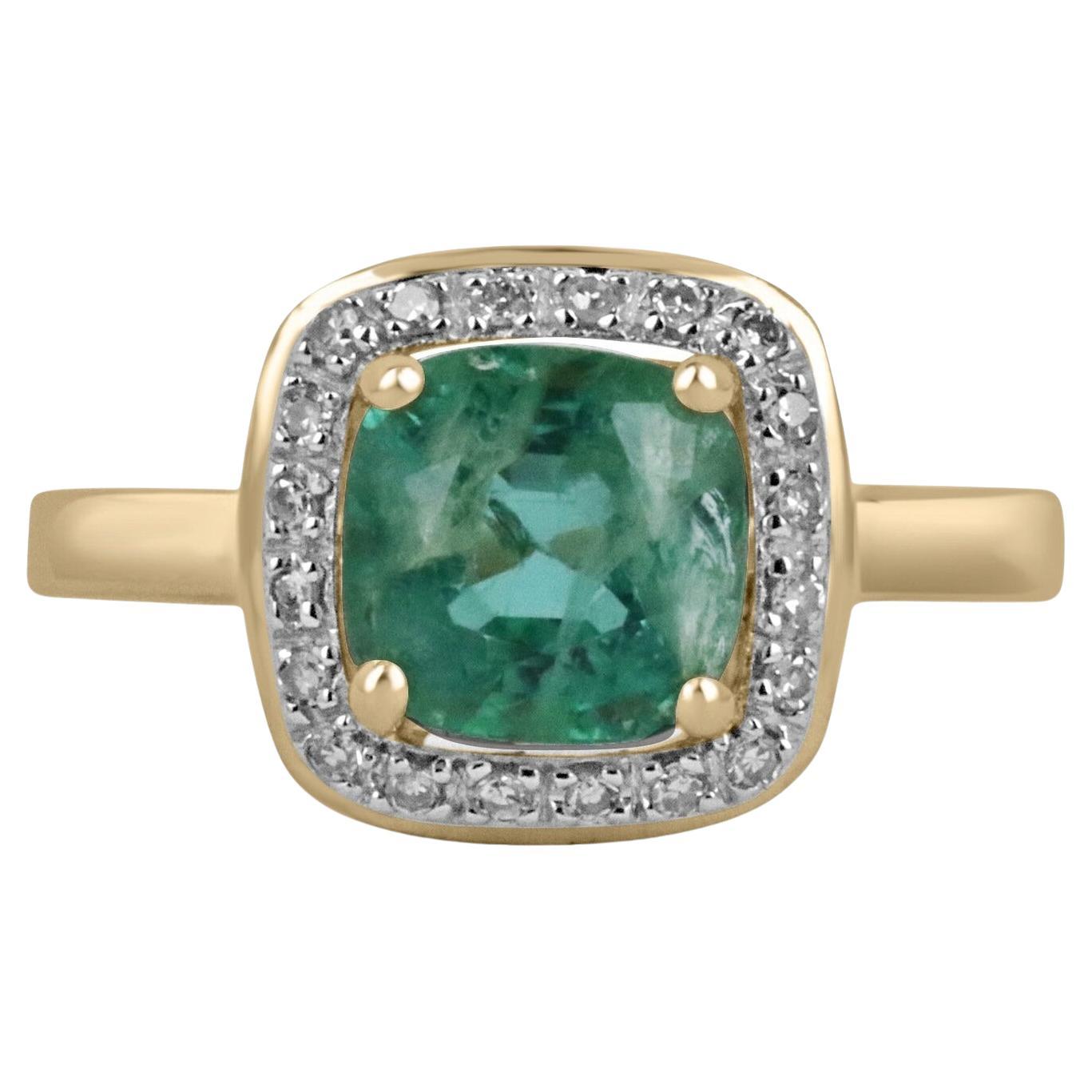 2.84tcw Natural Cushion Cut Emerald & Diamond Halo Engagement Ring 14K