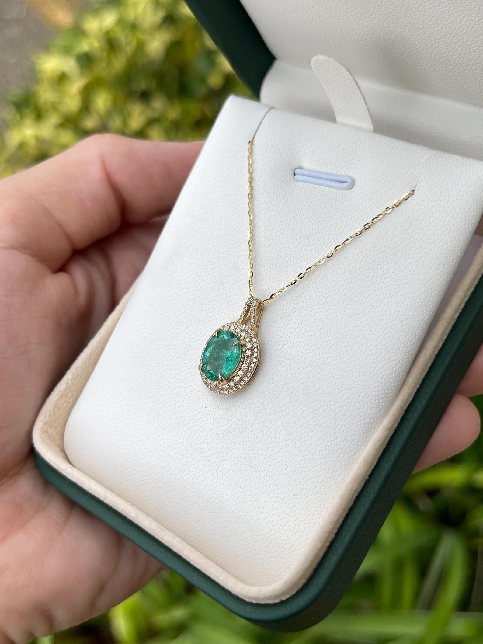 2.84tcw Natural Emerald-Oval Cut & Diamond Double Halo Pendant Gold 14K In New Condition For Sale In Jupiter, FL