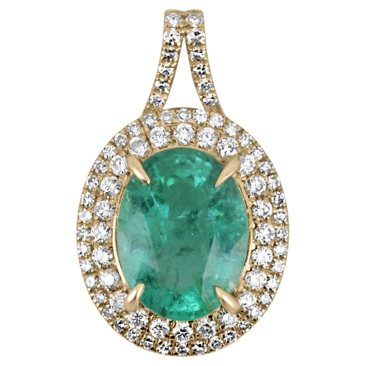 2.84tcw Natural Emerald-Oval Cut & Diamond Double Halo Pendant Gold 14K For Sale