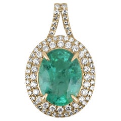 2.84tcw Natural Emerald-Oval Cut & Diamond Double Halo Pendant Gold 14K
