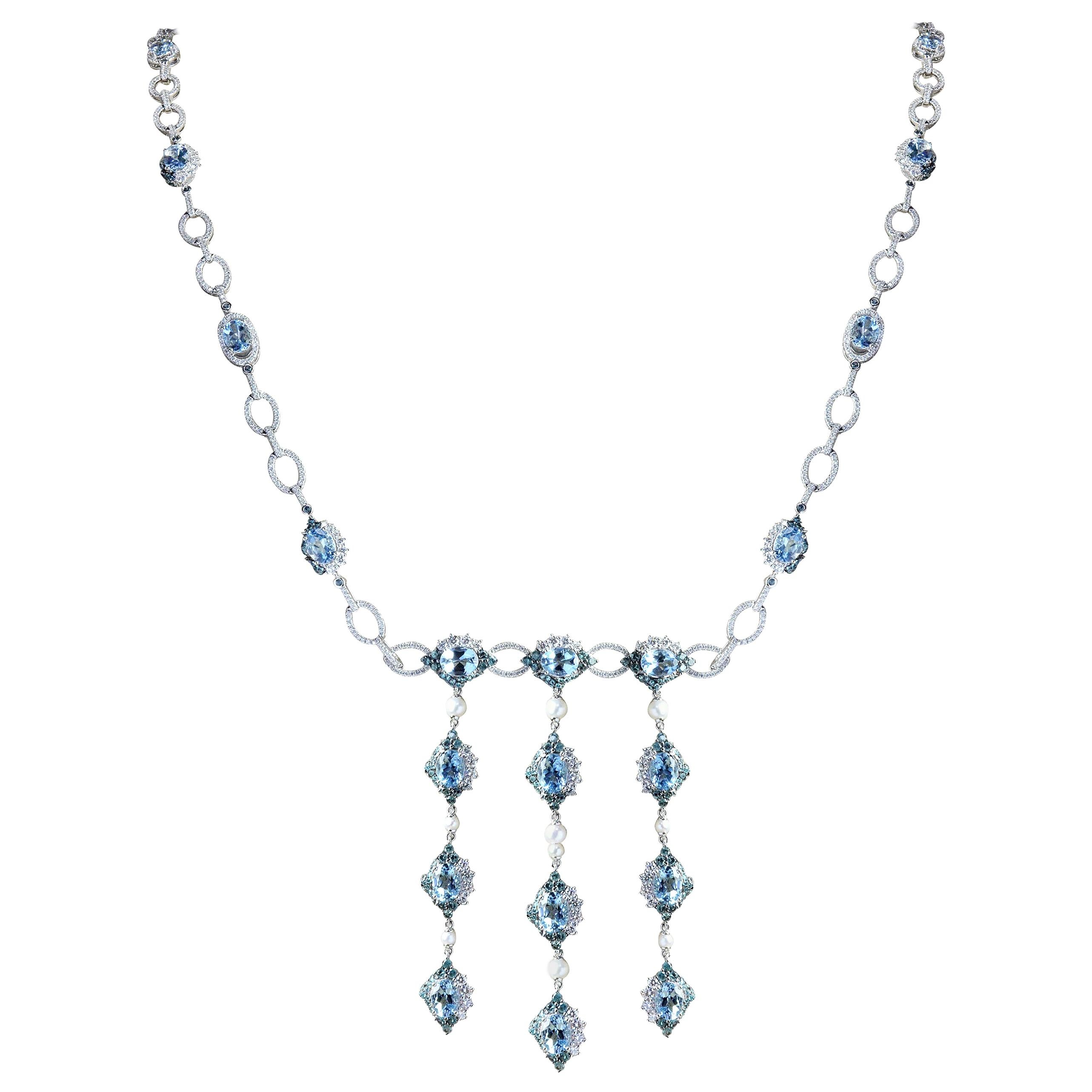 28.5 Carat Aquamarine Necklace in 18 Karat Gold with Paraiba and Alexandrite For Sale