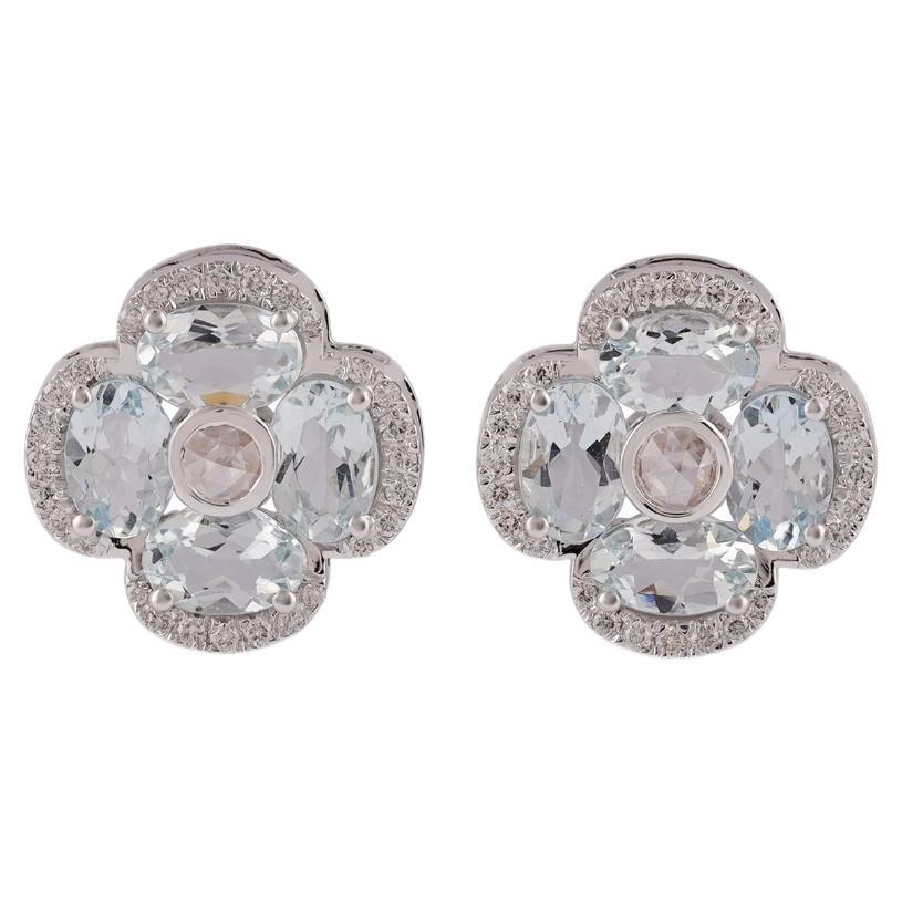 2.85 Carat Aquamarine, Rose Cut & Round Diamond Stud Earrings 18k White Gold For Sale
