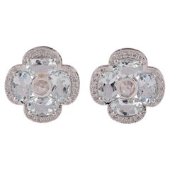 2.85 Carat Aquamarine, Rose Cut & Round Diamond Stud Earrings 18k White Gold